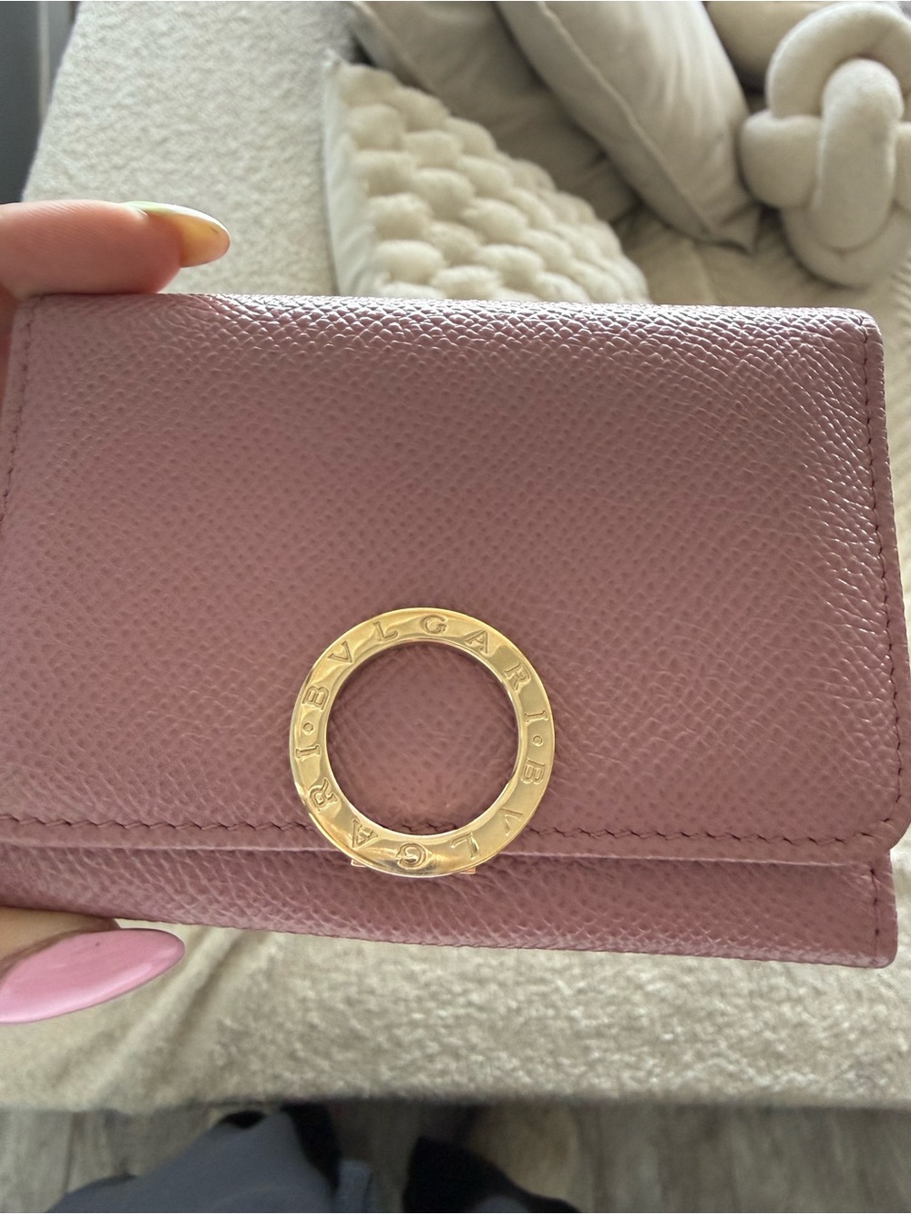 Bulgari Dusty Pink Pebbled Leather Wallet with Gold Ring